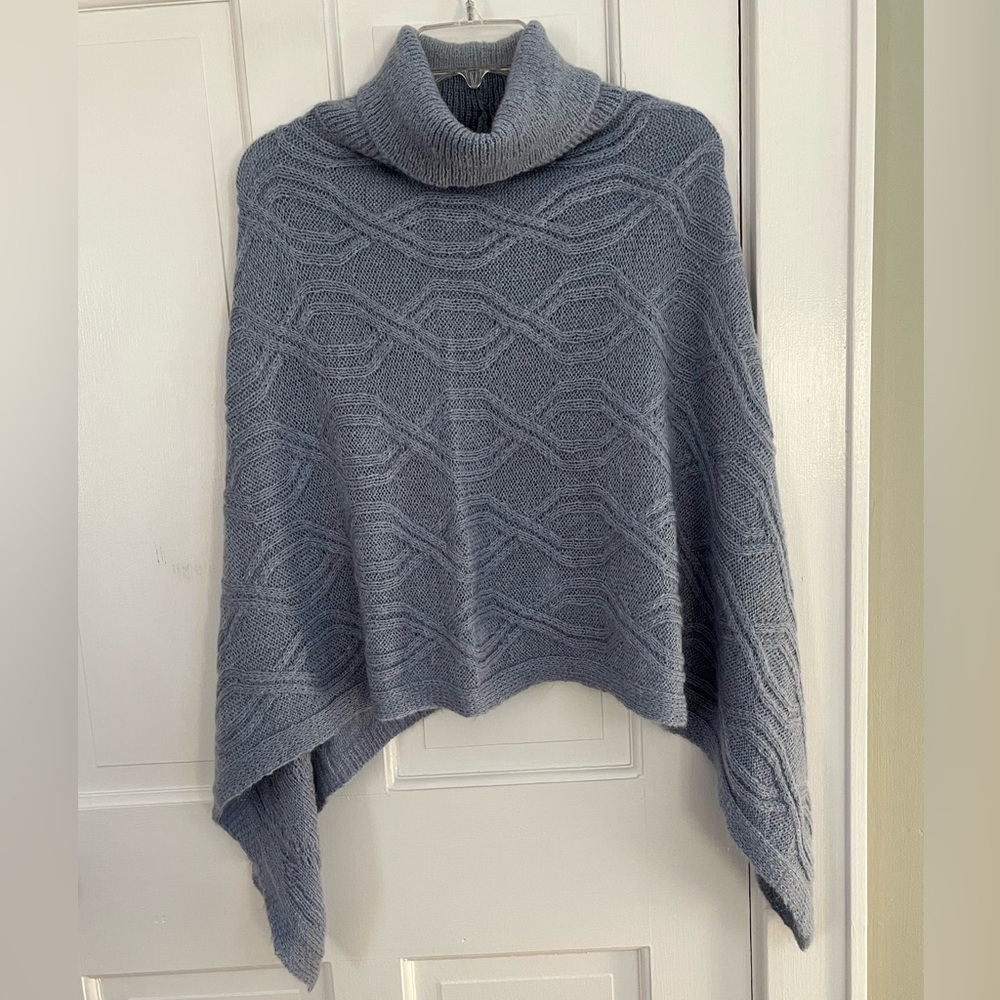 Cadenza Italy Mohair Blend Asymmetric Turtleneck Poncho Dusty Blue Cable Knit